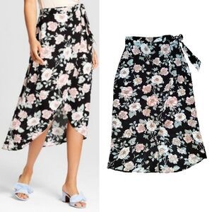 Xhilaration Black Pink Floral High Low Wrap Maxi Skirt *Size Small
